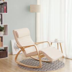 SONGMICS Scaun balansoar din lemn, suport picioare reglabil, maxim 150kg, 55x115x91cm, bej