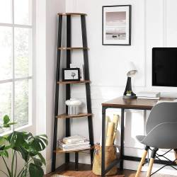 VASAGLE Raft de colt cu 5 etaje, tip biblioteca, cadru metal si polite lemn, 33x34x159cm, industrial, maro rustic si negru