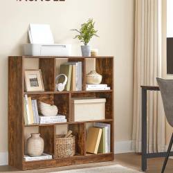 VASAGLE Biblioteca, raft cu 8 unitati de depozitare, pentru living, din lemn, 97x30x100cm, maro rustic