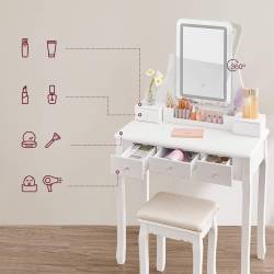 VASAGLE Masa de toaleta cu taburet, oglinda rotativa 360°, iluminare LED reglabila, 80x40x138 cm, alb