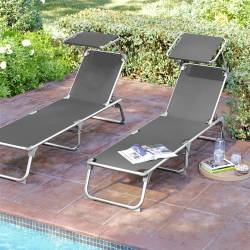 SONGMICS Sezlong pliabil, cadru usor din aluminiu, cu parasolar, spatar reglabil in 5 pozitii, maxim 150kg, 193x55x31cm, gri