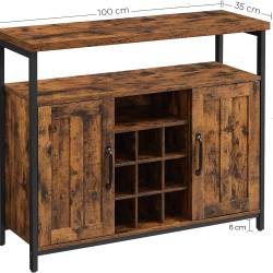 VASAGLE Comoda tip bufet, cu 2 usi si suport pentru sticle vin, stil industrial, 100x35x81cm, maro rustic si negru