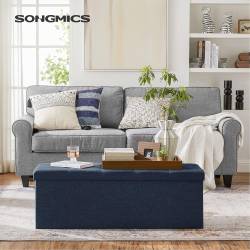 SONGMICS Taburet pliabil cu sezut moale, spatiu de depozitare 131litri, maxim 300kg, 110x38x38cm, albastru inchis