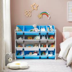 SONGMICS Raft de depozitare jucarii, 16 cutii detasabile din plastic, 89x27x106cm, alb