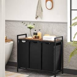 VASAGLE Cos de rufe, 3 compartimente, saci de rufe detasabili, raft, cadru metalic, 3x38L, 93x33x72 cm, maro rustic si negru