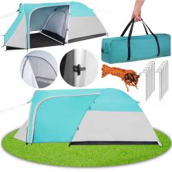 Cort plaja sau camping, impemeabil, cu terasa, 4 locuri, 175x310x130cm, gri albastru