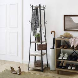 VASAGLE Cuier cu 8 carlige duble, 4 rafturi si bara pentru umerase, cadru metalic, stil industrial, 43x43x180 cm, gri si negru