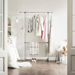 SONGMICS Suport pentru haine cu sina superioara extensibila, pe roti, reglabil in inaltime 113-198cm, argintiu