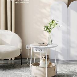 VASAGLE Masuta de cafea rotunda cu cos de stofa, statie de incarcare 2 prize si 2 USB, 45x50cm, alb