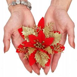 Set 10 ornamente pentru bradul de Craciun, stea Poinsettia, 14cm, rosu auriu