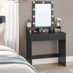 VASAGLE Masa de toaleta cu iluminare LED, cu oglinda, luminozitate reglabila, cu 2 sertare, 80x40x145cm, negru