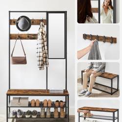 VASAGLE Cuier cu rafturi depozitare pantofi si ​​oglinda, industrial, 35x98x180 cm, maro rustic si negru