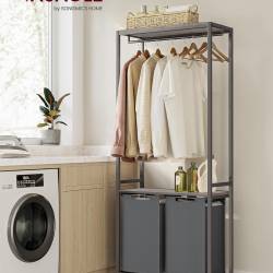 VASAGLE Cos de rufe, 2 compartimente, saci de rufe detasabili, 2 rafturi, tija umerase, 2x46L, 73x33x177cm, gri