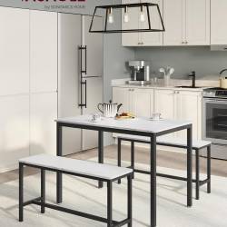 VASAGLE Masa de bar cu 2 banci, design industrial, 110x70x75 cm, alb marmura