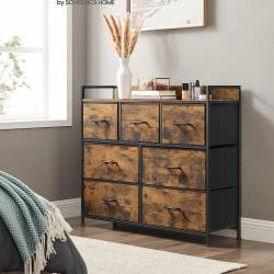 SONGMICS Comoda cu cadru metalic si 7 sertare din textil, stil industrial, 98x29x85cm, maro rustic si negru