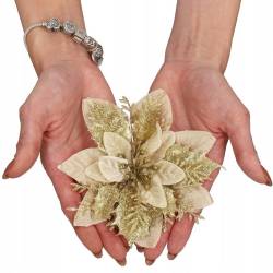 Set 10 ornamente pentru bradul de Craciun, stea Poinsettia, 13cm, auriu crem
