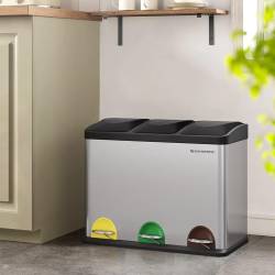 SONGMICS Cos de gunoi din inox cu 3 compartimente colectare selectiva, cu galeti interioare, 3x15litri, argintiu si negru