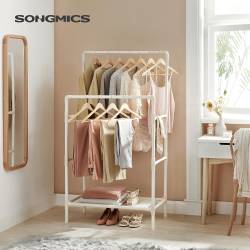 SONGMICS Raft de haine din metal, cu 2 bare de haine si 1 raft, maxim 70 kg, industrial, 45x83x157cm, alb