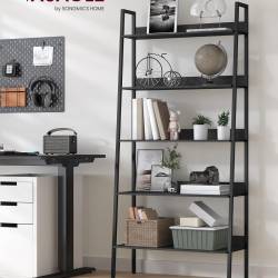 VASAGLE Biblioteca tip scara, cadru otel cu 5 polite, stil industrial, 80x30x170 cm, negru