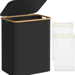 SONGMICS Cos de rufe textil, pliabil, cu 2 compartimente detasabile, 130L, 52x39x71 cm, negru