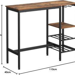 VASAGLE Masa inalta de bar, cu suport pentru sticle si pahare de vin, 110x40x90cm, maro rustic si negru