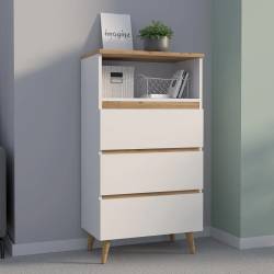Comoda biblioteca Norge 03 cu 3 sertare si raft deschis, 65x37x119 cm, alb si stejar craft