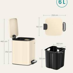SONGMICS Cos de gunoi pentru baie, cu pedala si soft-close, 6 litri, bej