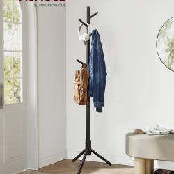 VASAGLE Cuier lemn masiv 47x47x175 cm, 8 carlige si inaltime reglabila, baza triunghiulara, negru