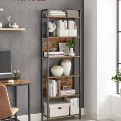 VASAGLE Biblioteca 60x24x186 cm, 6 rafturi, stil industrial, PAL si otel, maro rustic-negru
