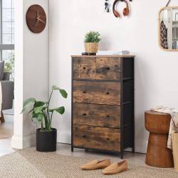 SONGMICS Comoda cu 5 sertare 56x30x89 cm, cadru metalic si blat MDF, manere lemn, maro rustic si negru