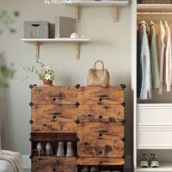 SONGMICS Etajera pantofi 43x31x173 cm, 10 compartimente modulare, usa frontala, maro rustic