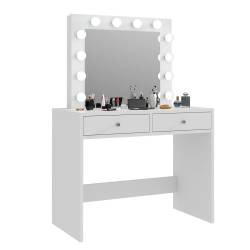 Masa de toaleta si machiaj Mega 12 LED, 100x50x144 cm, cu oglinda iluminata si 2 sertare, alb