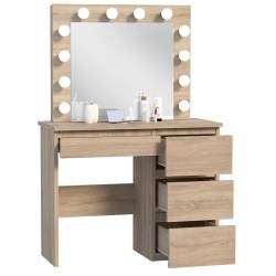 Masa de toaleta si machiaj Hollywood cu oglinda LED si 4 sertare, 94x43x140 cm, stejar