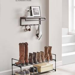 SONGMICS Suport pantofi 92x30x34 cm, 2 niveluri, suprapozabil, structura metalica, negru