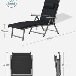 SONGMICS Sezlong pliabil, cu saltea groasa si tetiera, spatar reglabil, maxim 150kg, 183x60x39cm, negru