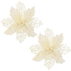 Set 10 ornamente pentru bradul de Craciun, stea Poinsettia, 16cm, crem