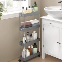 SONGMICS Carucior de depozitare pe roti, pentru bucatarie sau baie, din plastic, cu 4 nivele, 40x13x88cm, gri