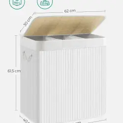 SONGMICS Cos de rufe din bambus, pliabil, cu captuseala detasabila lavabila, 3 compartimente, 150L, 60x40x62cm, alb