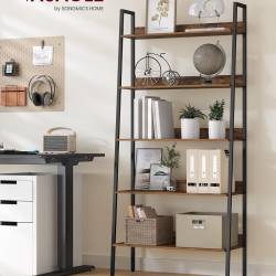 VASAGLE Biblioteca tip scara, cadru otel cu 5 polite, stil industrial, 80x30x170 cm, maro
