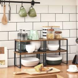 SONGMICS Rafturi bucatarie 30x20x16 cm, set 4 buc, modulare, suprapozabile si extensibile, metal si PAL, maro rustic