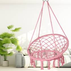 Hamac tip scaun suspendat, cu franjuri, 60 x 120 cm, capacitate 150 kg, Roz