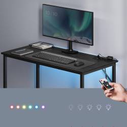 VASAGLE Birou cu iluminare LED, priza incorporata, 2 USB, 50x100x76 cm, negru
