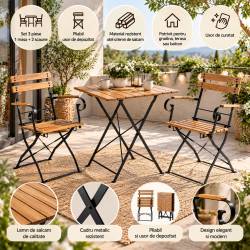 Set mobilier bistro pliabil pentru gradina, terasa si balcon, 3 piese, masa 70x70 cm si 2 scaune, structura rezistenta din otel si lemn de salcam, des