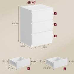 VASAGLE Noptiera cu 3 sertare, din PAL, cu 2 prize si 2 porturi USB, 40x35x59 cm, alb