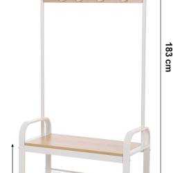 VASAGLE Cuier pentru haine cu banca de depozitare a pantofilor, cu 9 carlige detasabile, o sina pentru haine, 34x72x183 cm, modern, stejar si crem