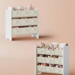 SONGMICS Raft jucarii si carti 63x30x60 cm, cu 9 cutii textile detasabile, MDF, alb