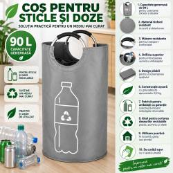 Cos pliabil pentru colectarea sticlelor si dozelor reciclabile SGR, capacitate 90 L, material Oxford rezistent, manere pentru transport, design compac