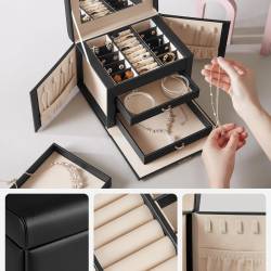 SONGMICS Cutie de bijuterii cu 4 nivele, 3 sertare, oglinda si incuietoare, 18x23x17cm, negru