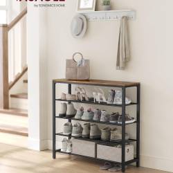 VASAGLE Raft de pantofi, cu 4 rafturi din plasa, cadru din otel, industrial, 30x100x92cm, maro rustic si negru