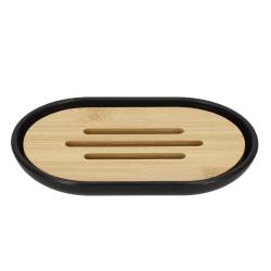 Set de accesorii rotunde pentru baie din plastic cu elemente bambus, 6 piese, negru